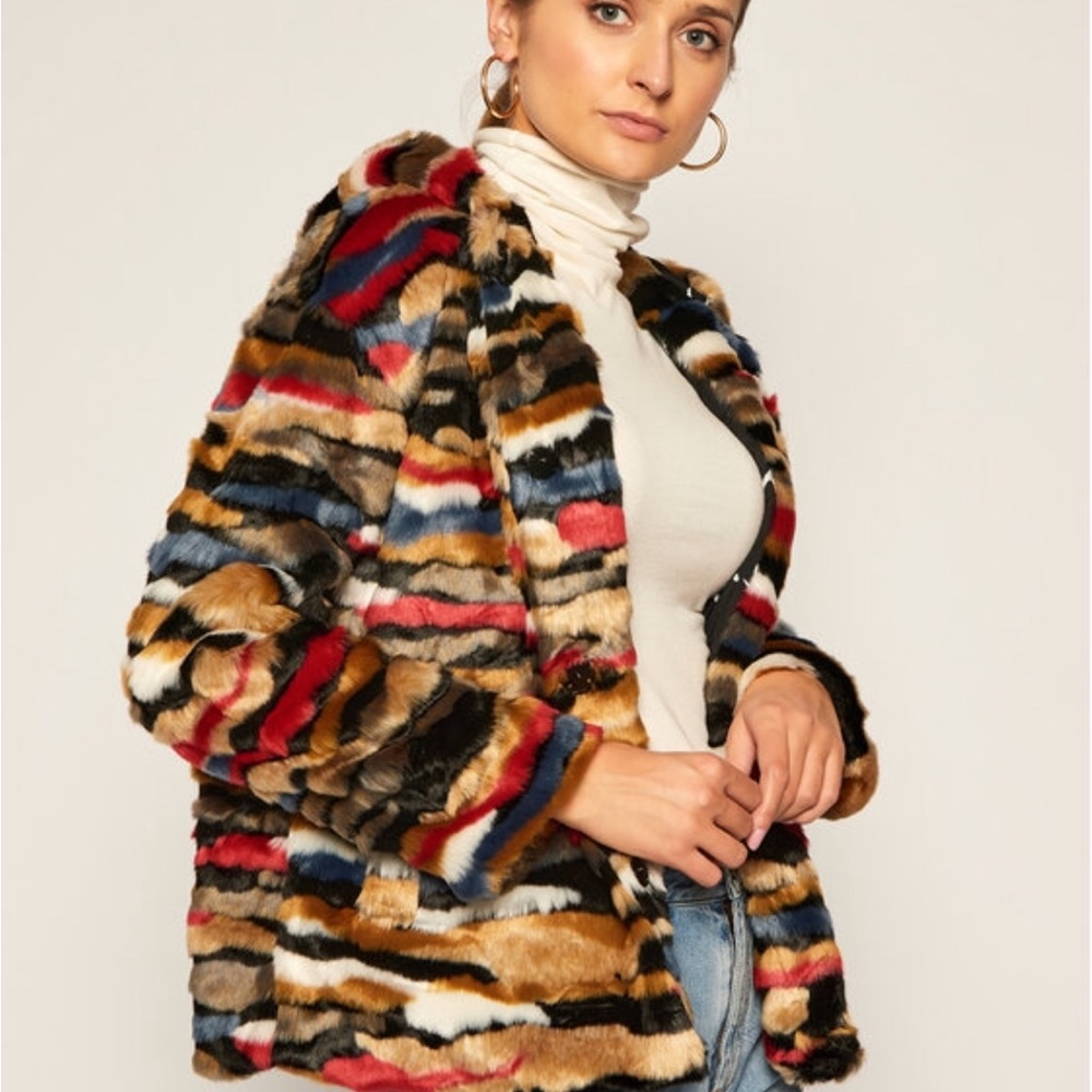 DESIGUAL Multicolor Faux Fur Jacket with hood BRAND NEW